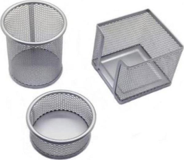 Mas Masa Seti Ataşlık-Kağıtlık-Kalemlik 3 Lü Set Metal Perforeli Silver 505 - Image 1