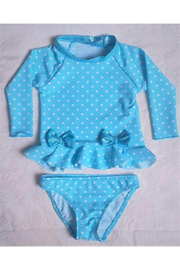 Sunsurf Uzun Kol Kız Bebek Mayosu/Tankini Puantiye Mavi 4 - Image 1