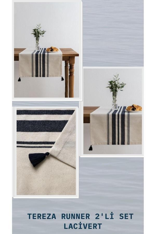 Denizli Concept Lacivert Çizgili Tereza Runner Seti - 2'Li Bej Sofra Dekoru - Modern Ve Şık Masalar Için - Image 1