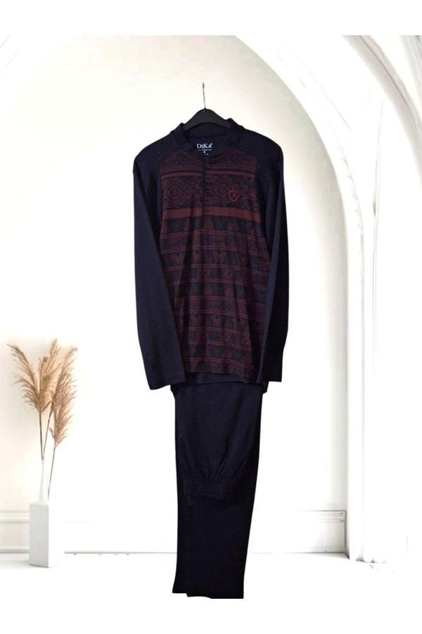 Dika Pamuklu Uzun Kol Erkek Pijama Takımı Lacivert - Bordo M - Image 1