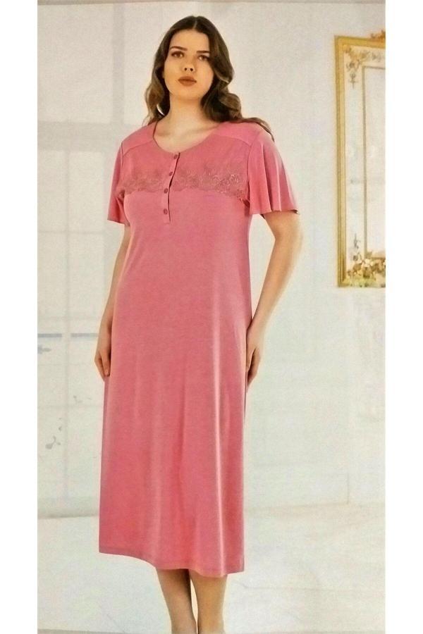 Flz Kısa Kol Güpürlü Büyük Beden Gecelik Gül Kurusu Pembe 4XL - Image 1
