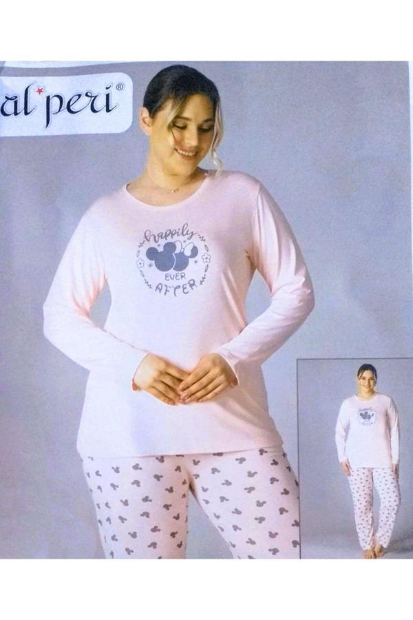 Alperi Büyük Beden Yazlık Uzun Kol Pijama Takımı Somon 5XL - Image 1