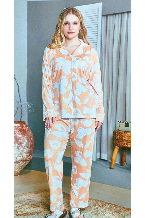 Flz Büyük Beden Boydan Düğmeli Uzun Kol Kadın Pijama Takımı Somon Somon 3XL - Image 1