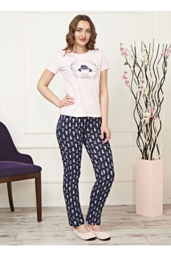 Alperi Kadın Pembe Lacivert Pijama Takımı Pembe - Lacivert XL - Image 1