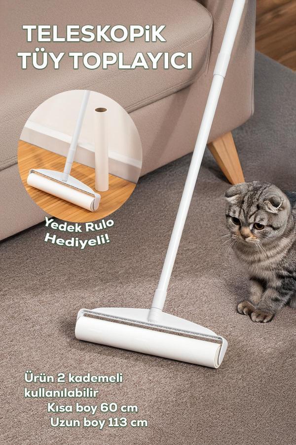 Porsima 3109 Teleskopik Uzun Saplı Yedek Başlıklı Tüy Alma Rulosu Tüy Toz alıcı Rulo 60 Yaprak - Image 1