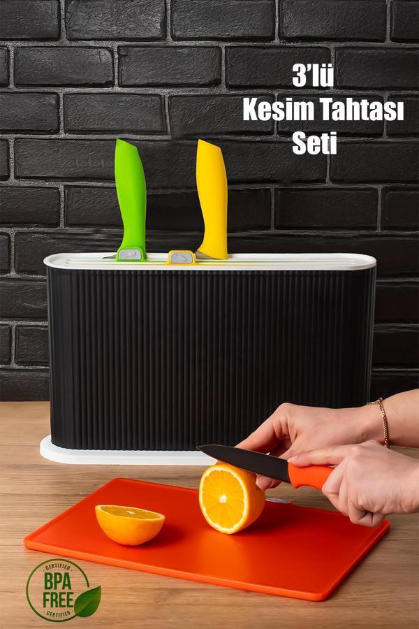 Porsima 1075 3 Bıçaklı Standlı Çoklu Kesme Tahtası Seti Siyah - Beyaz - Image 1