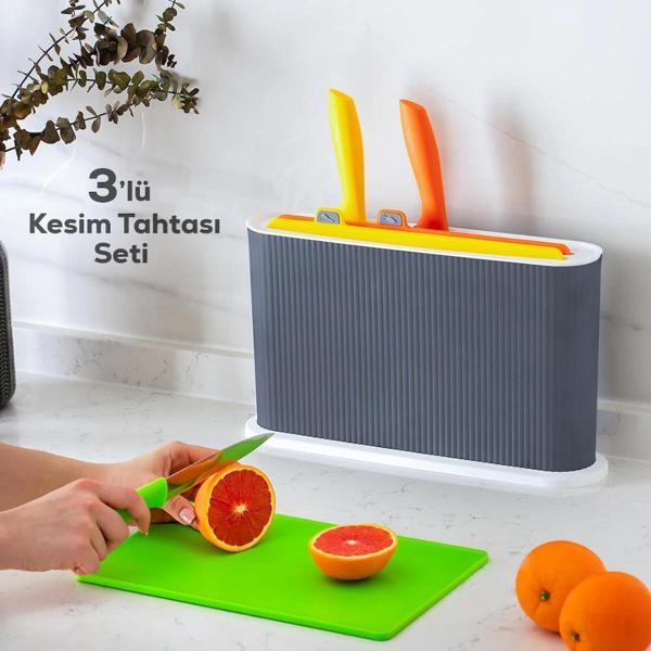 Porsima 1076 3 Bıçaklı Standlı Çoklu Kesme Tahtası Antrasit - Beyaz - Image 1