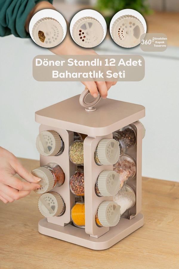 Porsima 1079 Kare Döner Standlı Döner Kapaklı Cam Baharatlık Cap - Image 1