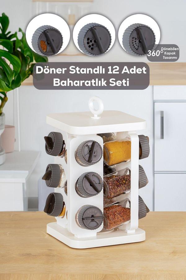 Porsima 1081 Kare Döner Standlı Döner Kapaklı Cam Baharatlık Antrasit - Beyaz - Image 1