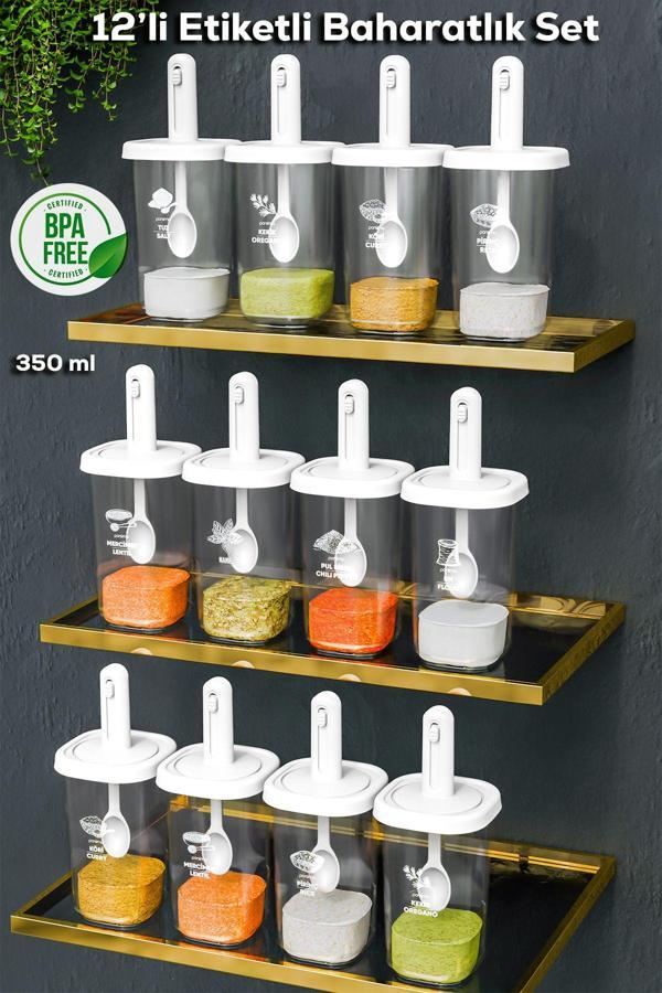 Porsima 1098 Kaydırmalı Kaşıklı Baharatlık Seti 12'li Şeffaf - Beyaz - Image 1