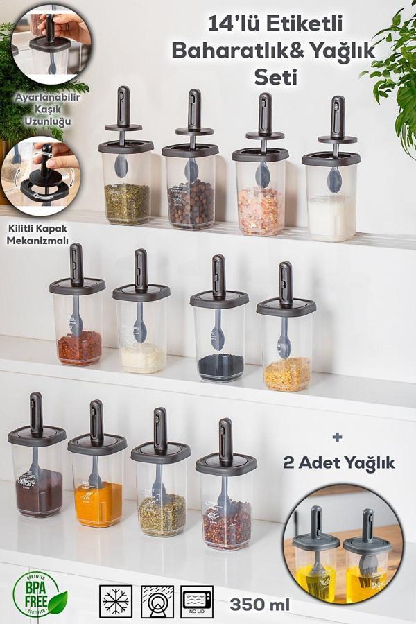 Porsima 1102 Kaşıklı 14'lü Baharatlık Seti Yağdanlıklı Antrasit - Image 1