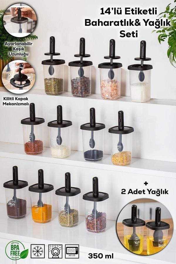 Porsima 1104 Kaşıklı Yağdanlıklı Baharatlık Seti 14'lü Siyah - Image 1
