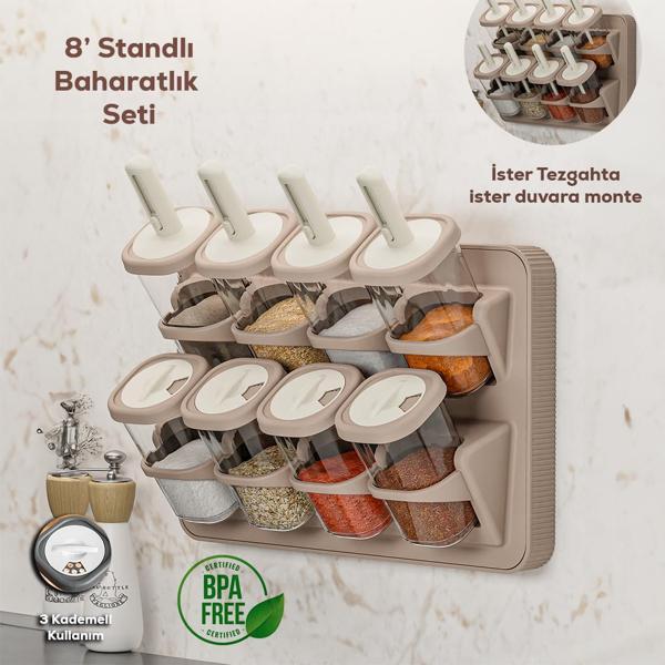 Porsima 1116 Standlı Kaydırmalı Kaşıklı Baharatlık Seti Cappuccino - Image 1
