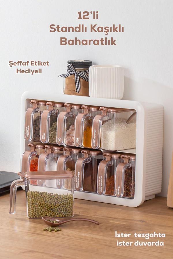 Porsima 1119 12li Standlı Kaşıklı Baharatlık Saklama Kabı Seti Beyaz - Image 1