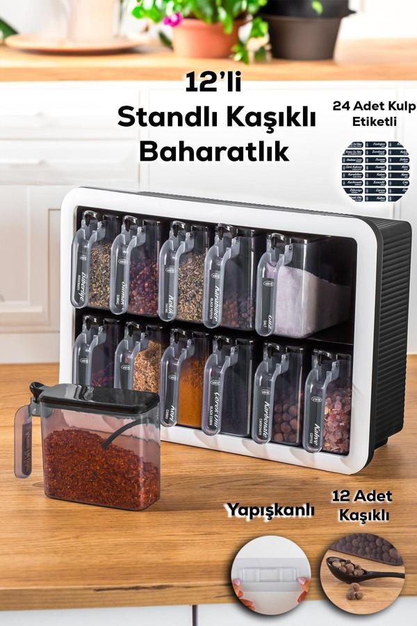 Porsima 1165 Random Standlı Kendinden Yapışkanlı Kaşıklı Kapaklı Baharatlık Seti 12'li Beyaz - Siyah - Image 1