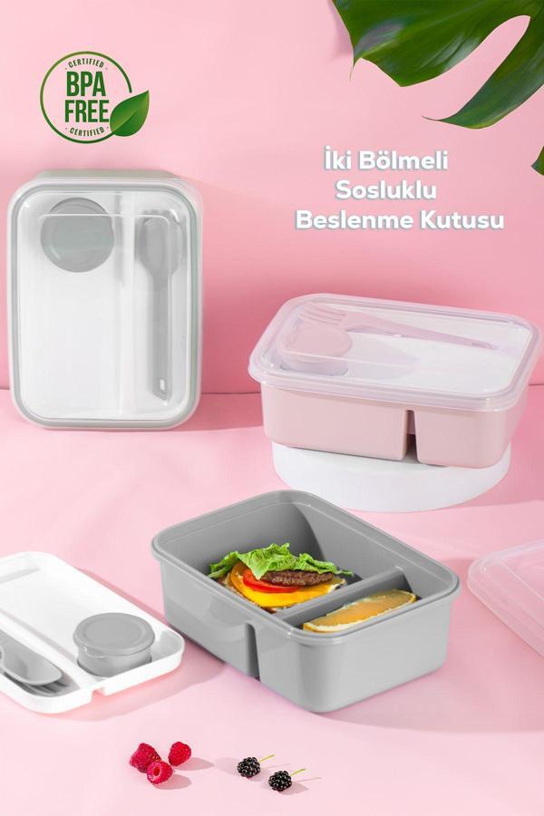 Porsima 1183 Kaşık Çatallı Sosluklu Bölmeli Beslenme Kabı-gri - Image 1