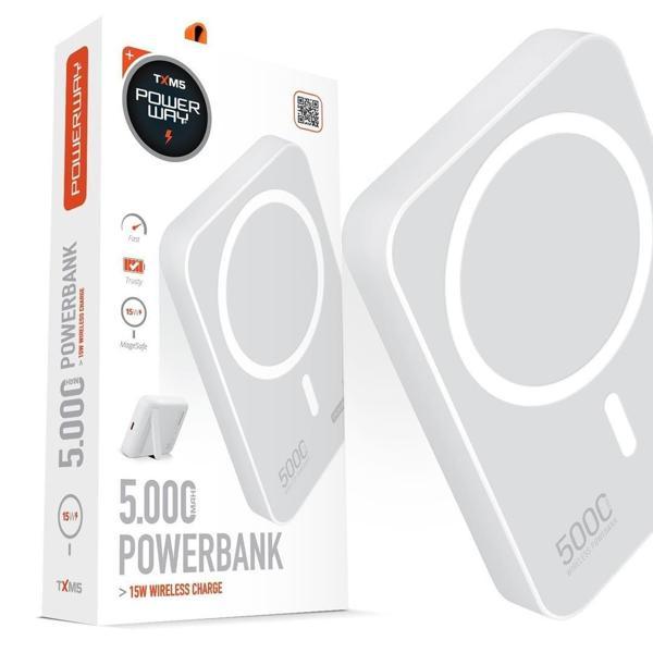 Powerway 5.000mAh PD15W Magsafe Kablosuz Wireless Taşınabilir Şarj Cihazı Beyaz Powerbank TXM5 - Image 1