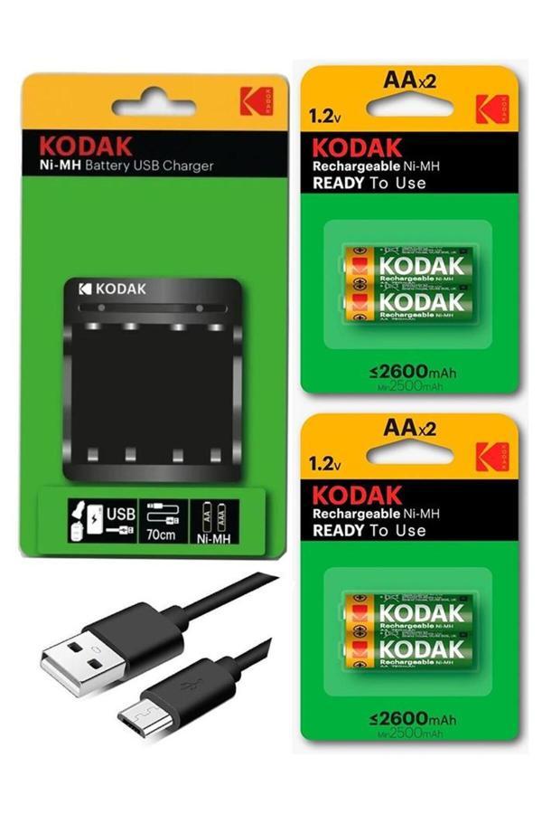 Pil Şarj Aleti Cihazı Usb Kablolu 4 Adet Kalem Pili (AA) 2600 mha Dolabilen Pil 4 lü 1 Paket Dolduru - Image 1