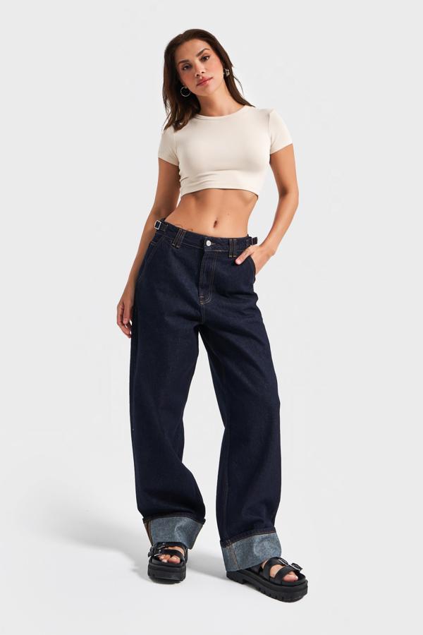 Kadın İndigo Renk 7s5-50 Baggy Loose Fit Bol Kesim Paça Detaylı %100 Koton Denim Jean - Image 1