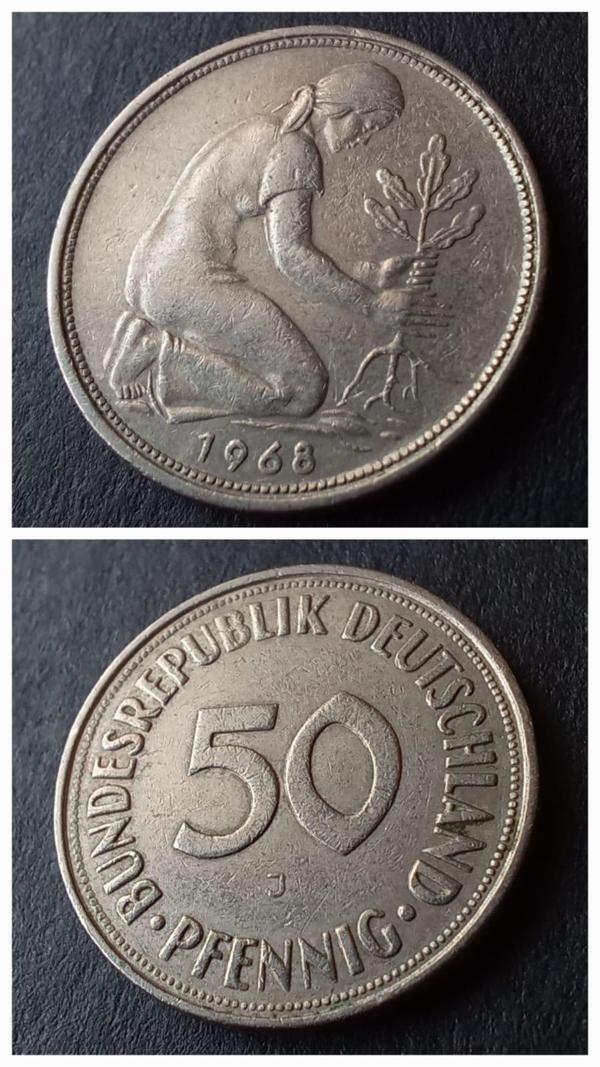 Escoines Koleksiyon 399636817d8f31c1ad 1968 Almanya 50 pfennig ÇÇT+ Darphane işareti J - Image 1