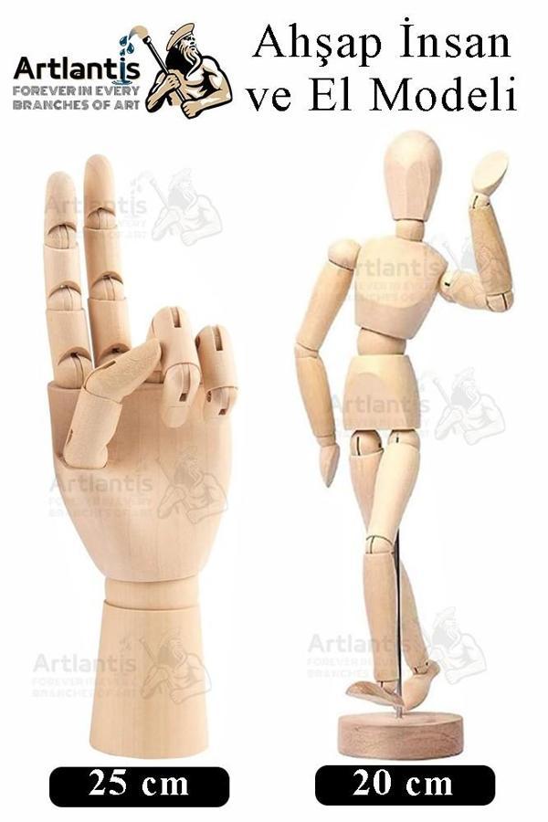 Ahşap İnsan Modeli 20 cm ve El Modeli 25 cm 1 Paket Hareketli  İnsan ve El Manken Maketi Esnek Çizim Modeli - Image 1