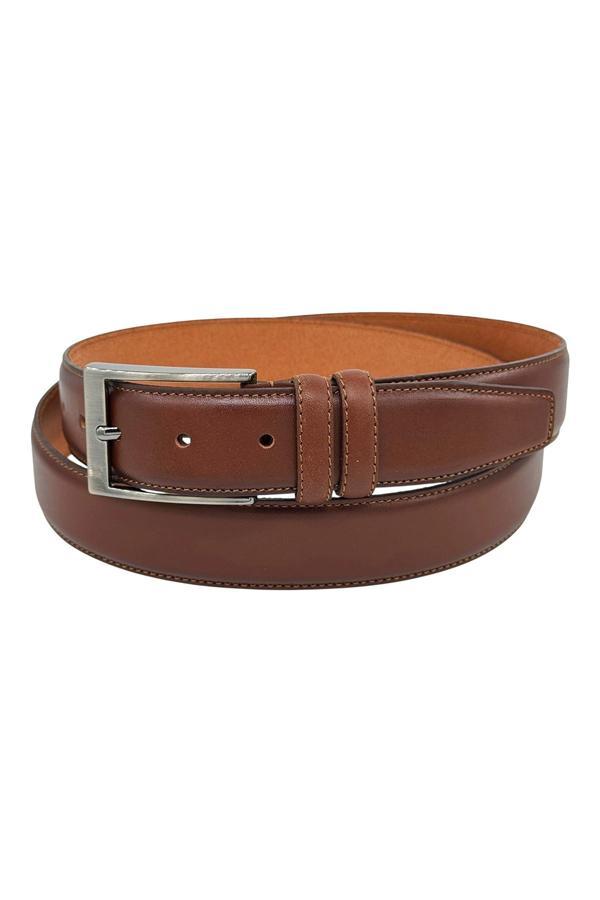 3.5 cm. Klasik Hakiki Deri Dikişli Model Düz Renk Erkek Kemer Açık Kahverengi - Image 1