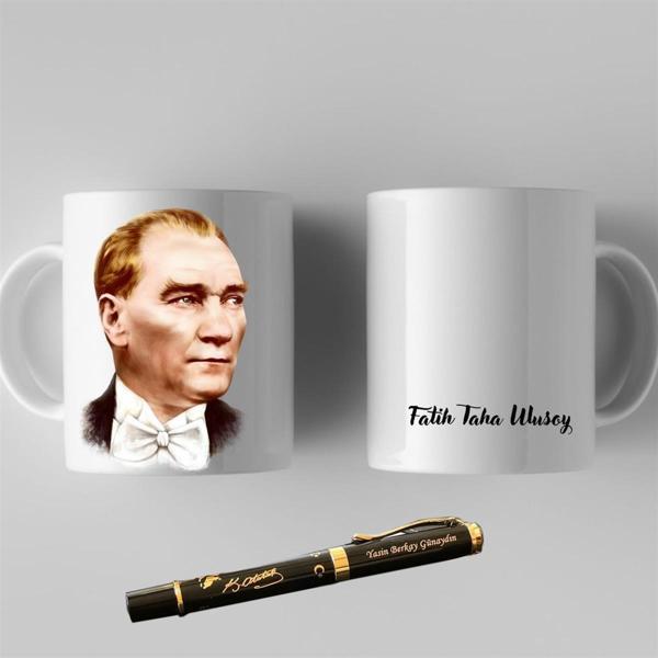 Kişiye Özel Mustafa Kemal Atatürk Resimli Kupa Bardak ve Kalem Hediye Seti - Image 1