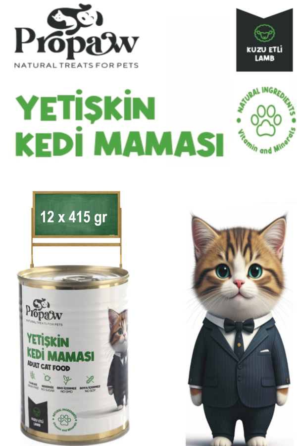 Kedi Yaş Mama Kuzu Konserve Jöleli Premium Parça Etli Yemek Besleyici Tahılsız İçerik 12 x 415 gr - Image 1