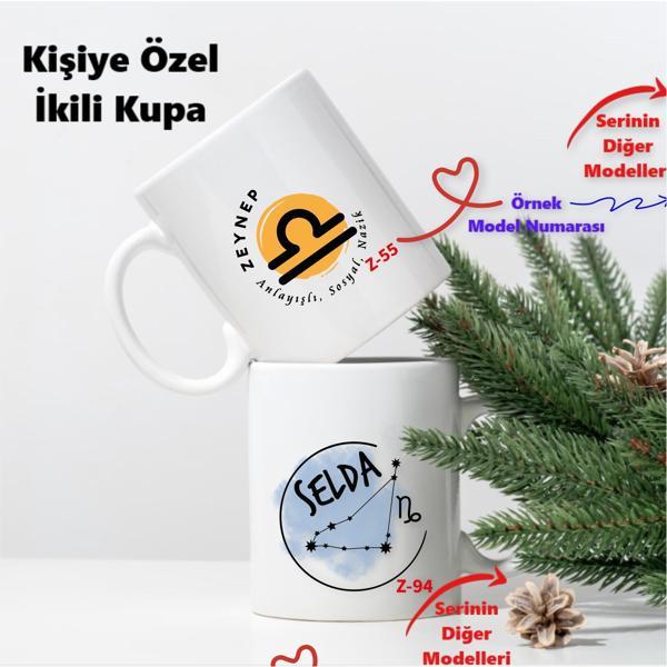 Kişiye Özel Çift Kupa Seti, Burç Tasarımlı İkili Kupa Bardak Z2 Serisi - Image 1