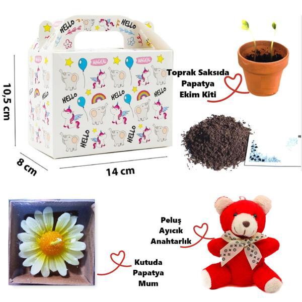 Özel Unicorn Kutuda Ayıcık, Papatya Mum ve Çiçek Ekim Kiti Hediye Kutusu - 02 - Image 1