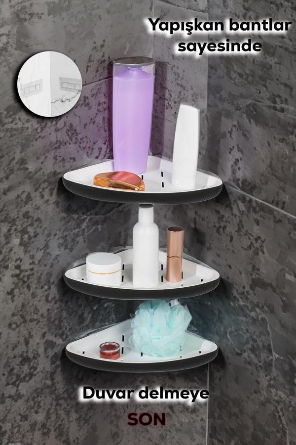 Porsima 0447 3'li İstiridye Banyo Köşe Rafı - Paslanmaz Yapışkanlı Duş Rafı Banyo Düzenleyici Organi - Image 1