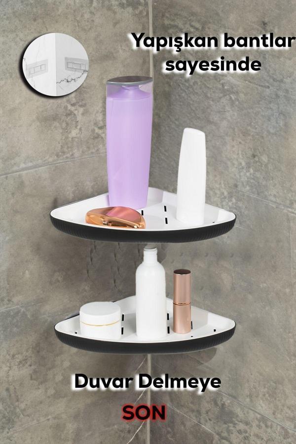 Porsima 0447 2'li İstiridye Banyo Köşe Rafı - Paslanmaz Yapışkanlı Duş Rafı Banyo Düzenleyici Organi - Image 1