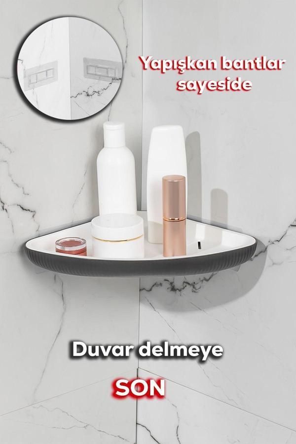 Porsima 0447 İstiridye Banyo Köşe Rafı Yapışkanlı Organizer Antrasit - Image 1