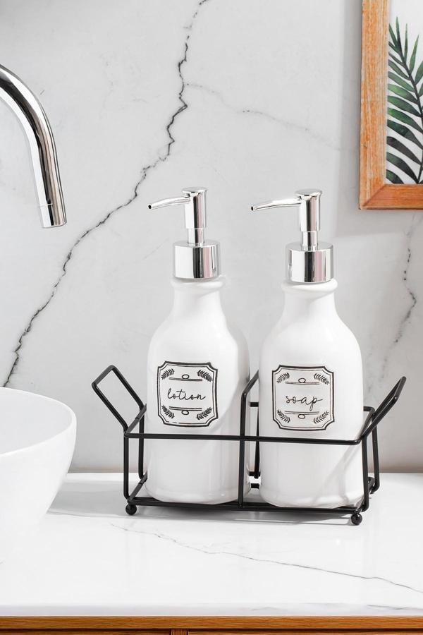 Porsima 3115 Gümüş Kapaklı Porselen 2li Sıvı Sabunluk – Beyaz 700 ml - Image 1