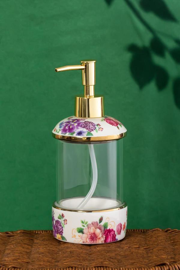 Porsima 3127 Gold Kapaklı Porselen ve Cam Sıvı Sabunluk – Çiçek Desenli ve Şeffaf Tasarım 350 ml - Image 1