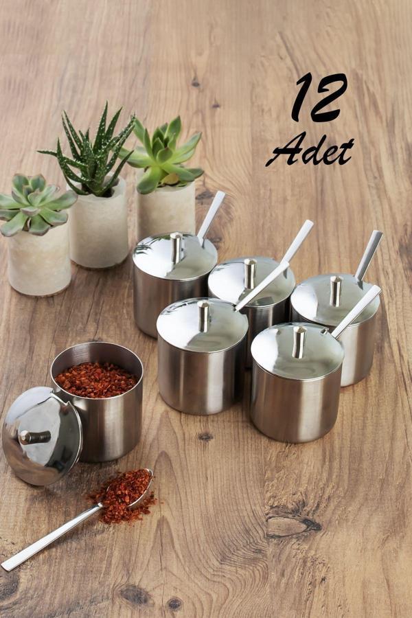 Porsima Elit 12 li Paslanmaz Çelik Çay Kaşıklı Kapaklı Metal Şekerlik Masaüstü Baharatlık Takımı - Image 1