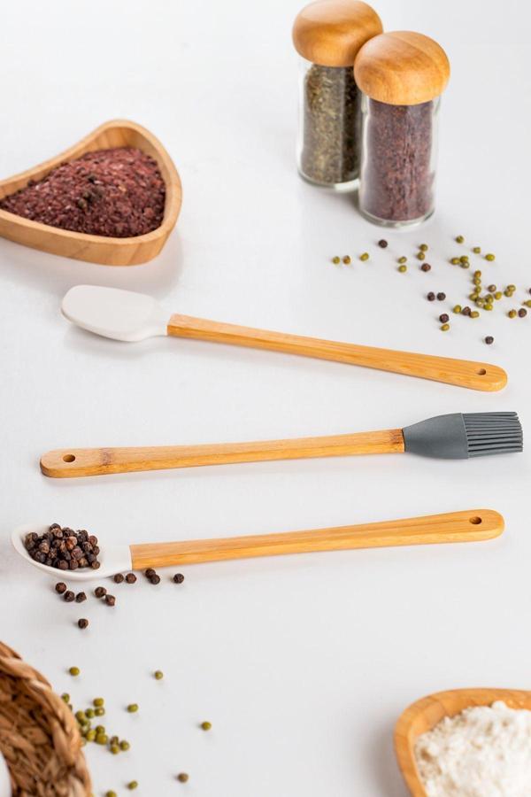 Porsima Mıen 3 Parça Mini Silikon Kaşık Spatula Fırça - Yanmaz Yapışmaz Hazırlık Seti - 23 cm - Image 1