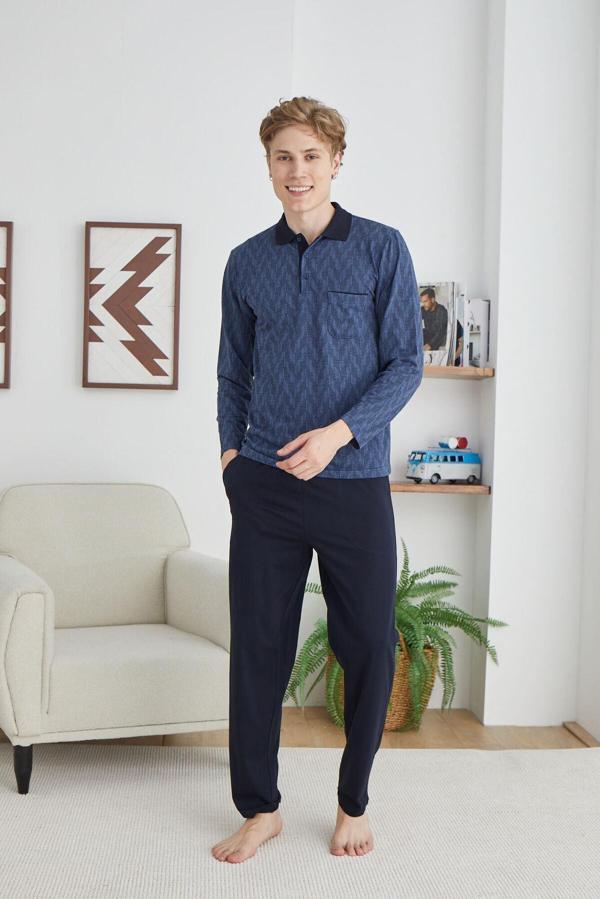 Kly 9247 Erkek Polo Yaka Düğmeli Uzun Kol Pijama Takım - Image 1