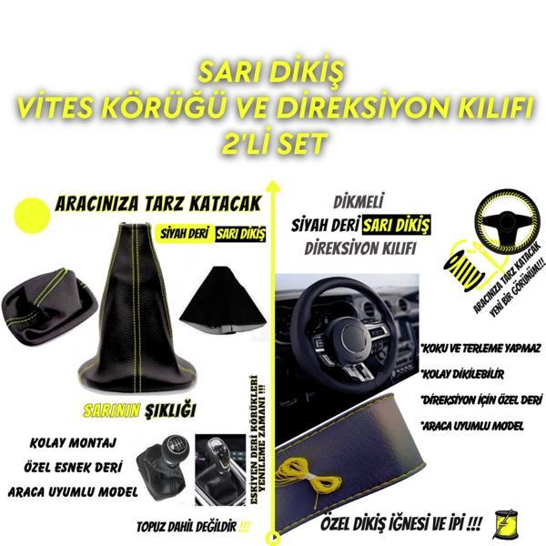 Seat Toledo Uyumlu Siyah Deri Sarı Dikiş Vites Körüğü ve Direksiyon Kılıfı 2'li Set - Image 1