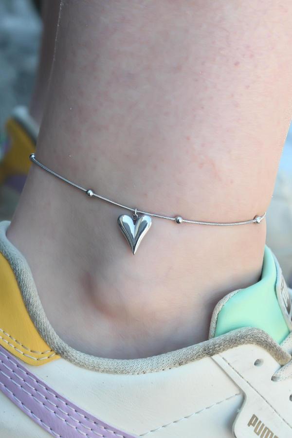 316L Çelik Gümüş Renk Kalp Figür Kadın Halhal - Image 1