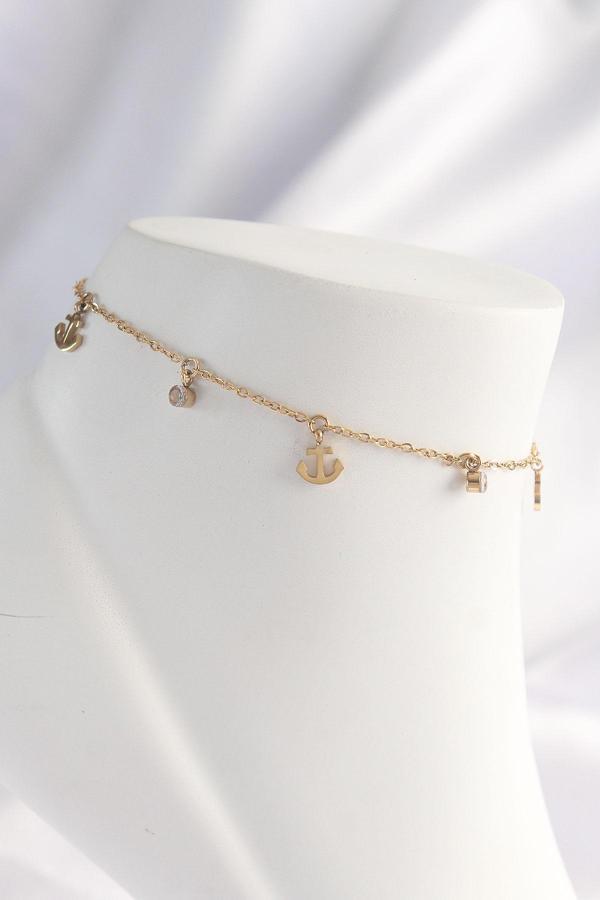 316L Çelik Gold Renk Zirkon Taşlı Minimal Çapa Tasarımlı Halhal - Image 1