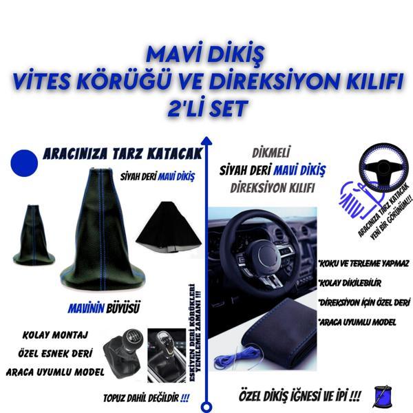 Fiat Egea Sedan 2015 ve Sonrası Uyumlu Mavi Dikiş Vites Körüğü ve Direksiyon Kılıfı 2'li Set  - Image 1