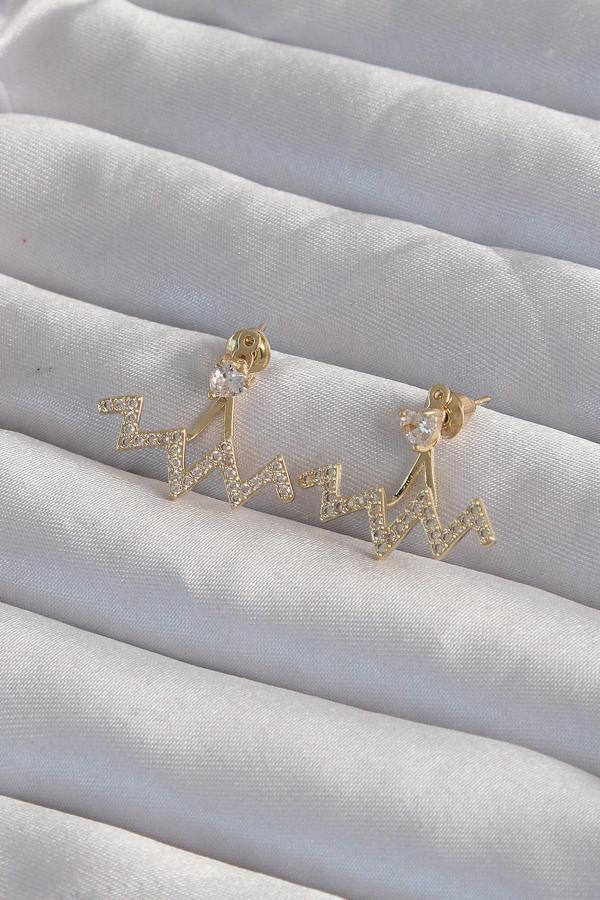 Pirinç Gold Renk Zirkon Taşlı Zikzak Küpe - Image 1