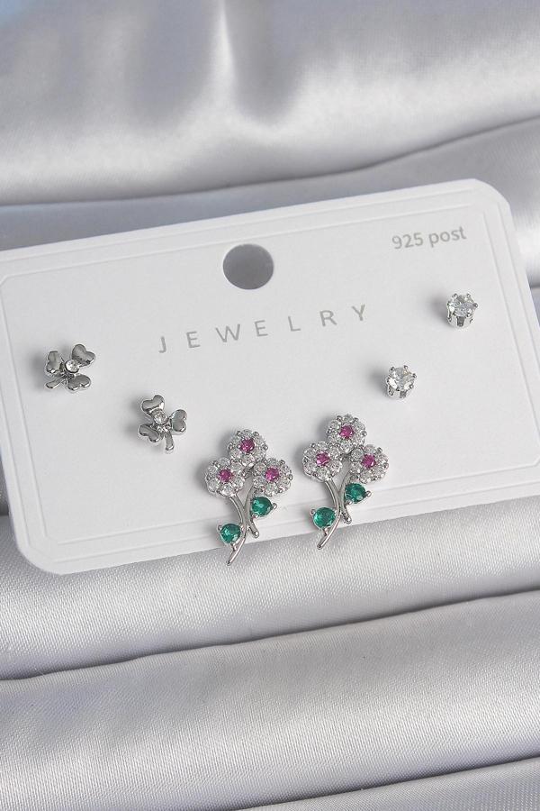 Pirinç Gümüş Renk Renkli Zirkon Taşlı Çiçek Model Yaprak Detay 925 Ayar Gümüş Çivi Kadın Küpe Seti - Image 1