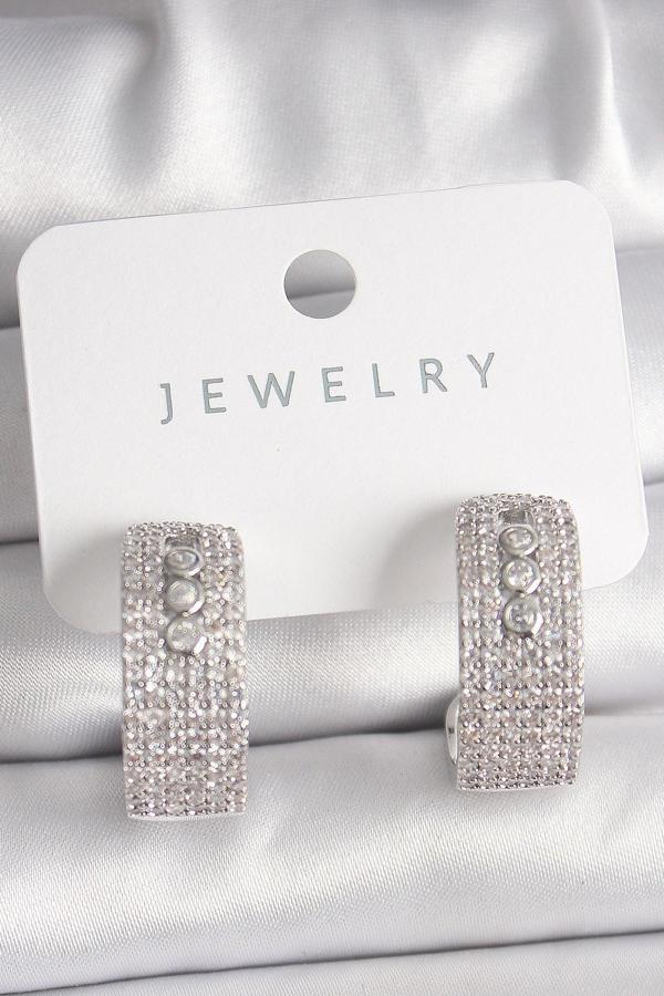 Pirinç Gümüş Renk Zirkon Taşlı Halka Messika Model Kadın Küpe - Image 1