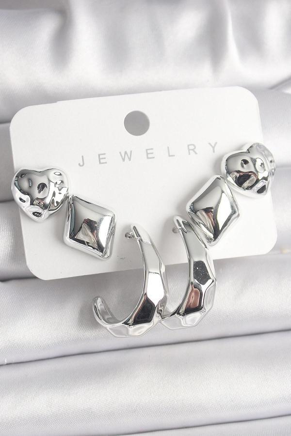 Gümüş Renk Kalp Halka Figür CCB Plastik Kadın Küpe Seti - Image 1