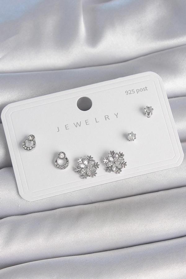 Pirinç Gümüş Renk Zirkon Taşlı Kar Tanesi Model 925 Ayar Gümüş Çivi Kadın Küpe Seti - Image 1