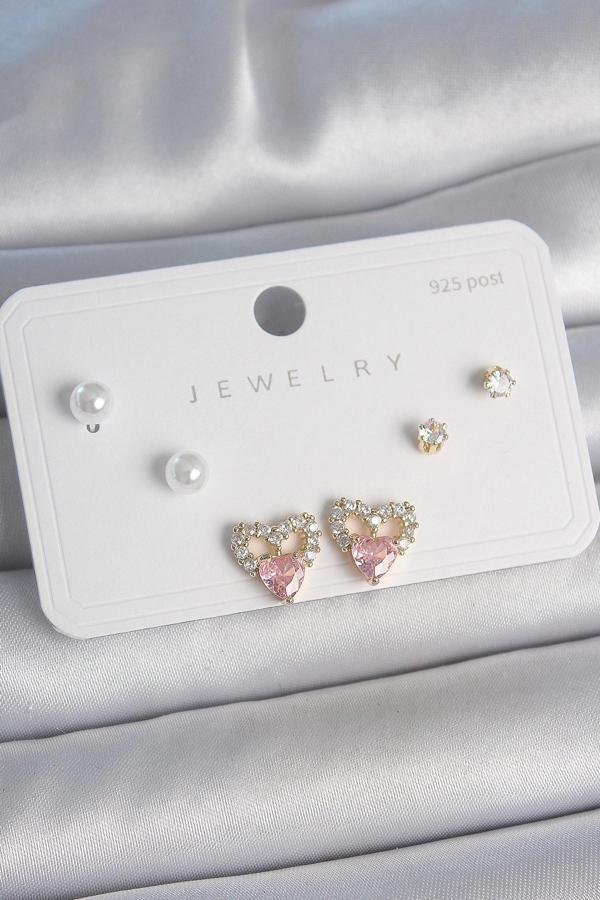 Pirinç Gold Renk Pembe Zirkon Taşlı Kalp Model İnci Detay 925 Ayar Kadın Küpe Seti - Image 1