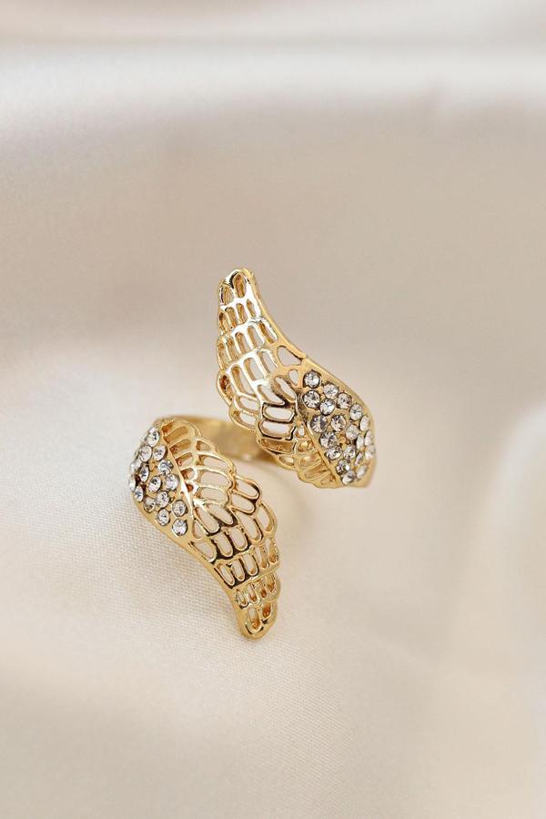 Ayarlamalı Gold Renk Metal Zirkon Taşlı Kanat Yüzük - Image 1