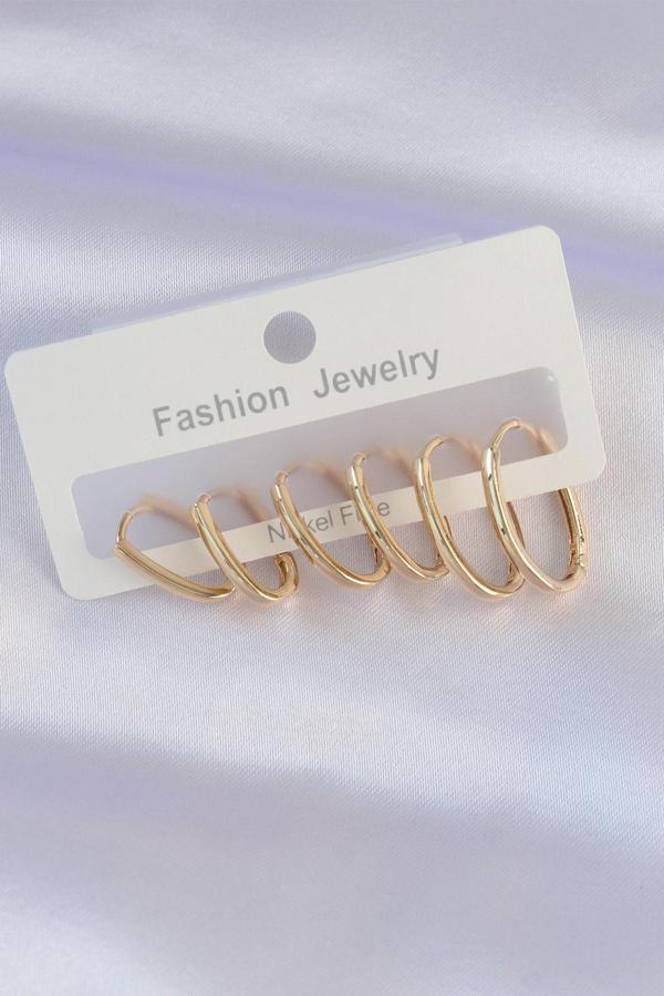 Pirinç Gold Renk İnce Oval Küpe Seti - Image 1